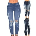 thumbnail image 1 of PXLKNZH Low Waisted Ripped Jeans for Women Skinny Stretchy Casual Denim Pants Slim Fit Comfy Lounge Jeans with Pockets,Dark Blue,L, 1 of 10