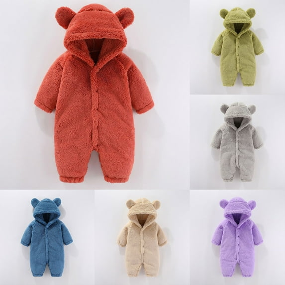 PXLKNZH Newborn Baby Fleece Footie Snowsuit Solid Color Winter Onesie Cute Bear Ear Warm Hooded Outfits for Girls Boys 3-12Months Khaki,3M