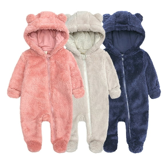 PXLKNZH Newborn Fleece Footie Jumpsuit Solid Color Long Sleeve Hooded Warm Thicken Winter Outwear Snowsuit for Baby Girls and Boys 0-12M Pink,3
