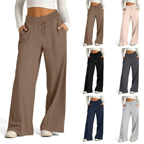 PXLKNZH Open Leg Joggers for Women High Waisted Drawstring Baggy Lounge Pants Casual Loose Fit Workout Sweatpants with Pocket Black,L