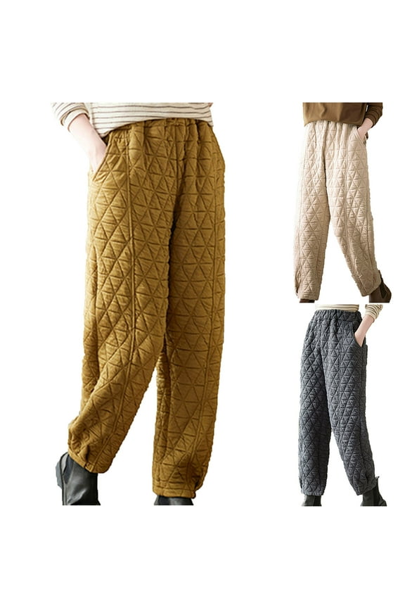 Puffer Pants for Women 2024 Winter Warm Casual Quilted Pants Elastic Waisted Straight Leg Lounge Pants with PocketsGray,M