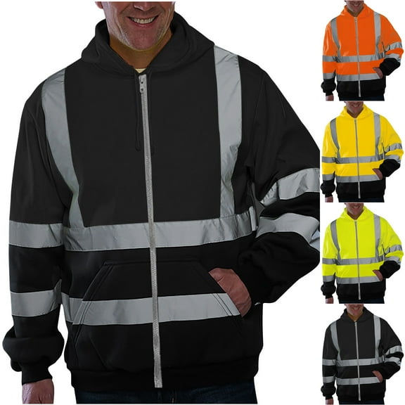 PXLKNZH Reflective Coat, Hi Vis Hoodie for Men Workers Waterproof Zip Up Sweatshirt,High Visibility Safety Jacket Men Reflective Jacket Hoodies with Pockets Black,XXL