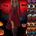 thumbnail image 1 of PXLKNZH Renaissance Costume Women Ruffle Irregular Hem Dress Drawstring Corset Long Sleeve Medieval Midi Dresses Purple S, 1 of 9