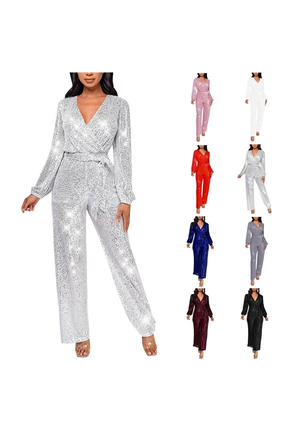 Sequin Long Sleeve Jumpsuit for Women Wrap V-neck Wide Leg Pants Sparkle Bling Shiny Party Romper Tie-Belt One Piece Overall Silver,L