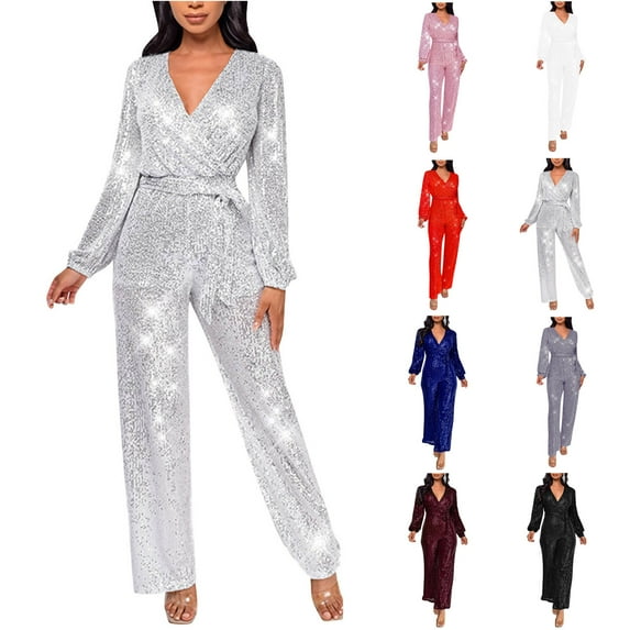 PXLKNZH Sequin Long Sleeve Jumpsuit for Women Wrap V-neck Wide Leg Pants Sparkle Bling Shiny Party Romper Tie-Belt One Piece Overall White,XXL