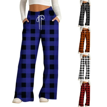 PXLKNZH Wide Leg Pants Woman Trendy Plaid Printed High Waisted Drawstring Straight Trousers Casual Loose Fit Workout Pants Orange,XL