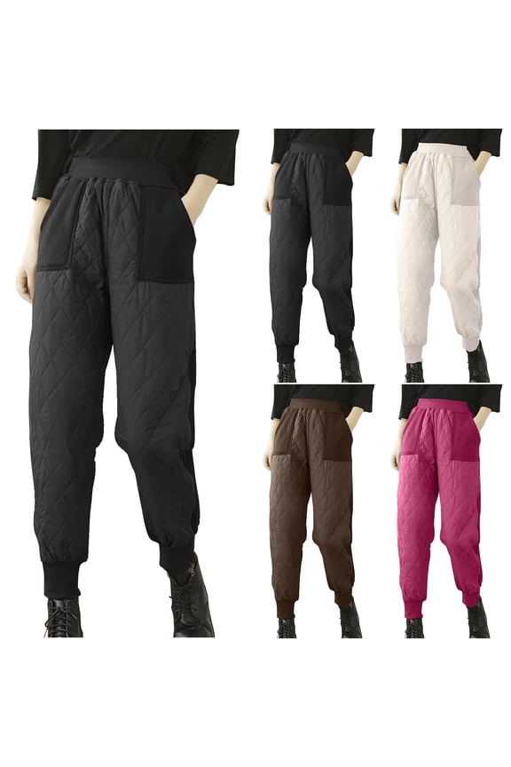 Winter Pants for Women Elastic Waist Side Zipper Puffer Pants Casual Slim Fit High Rise Trouser Pants with Pockets Hot Pink,M