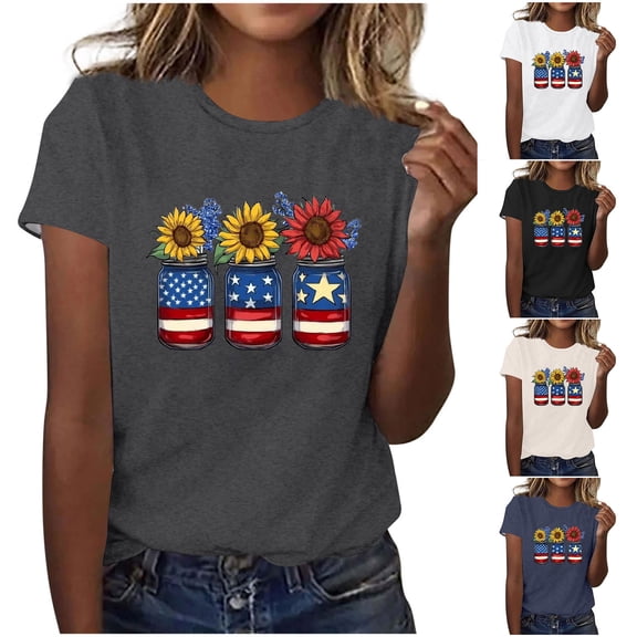 PXLKNZH Women American Flag Shirts Plus Size Short Sleeve 4th of July Patriotic Graphic Tees 2025 Summer Independence Day Crew Neck T-Shirt Weekly Sale,Beige,S