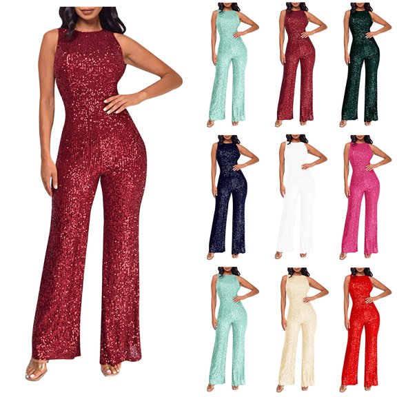 PXLKNZH Women Cocktail Party Romper Fashion Sparkly Sequin Clubwear Jumpsuit Ladies Sleeveless Bodycon Rompers Overalls Wine,S