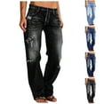 thumbnail image 1 of PXLKNZH Women Distressed Straight Leg Jeans Boyfriend High Waited Baggy Sweatpants Y2K Streetwear Denim Pants with Pockets Dark Blue S, 1 of 8