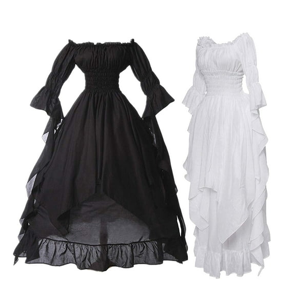 PXLKNZH Women Gothic Plus Size Dress One Shoulder Floor Length Cosplay Dress Victorian Ruffle Hi-Low Long Dress Medieval Wedding Dress Medieval Renaissance Costume Black,XXL