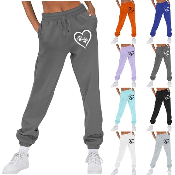 PXLKNZH Women Joggers Cute Heart Graphic High Waisted Drawstring Lounge Pants Casual Loose Fit Workout Sweatpants with Pocket Orange,XL
