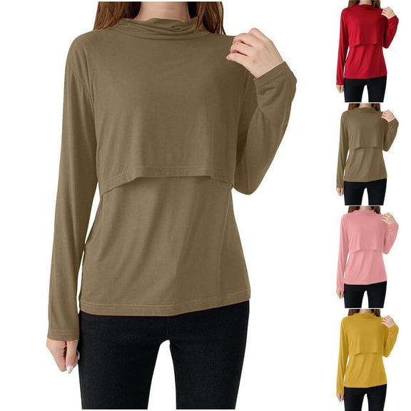 PXLKNZH Women Maternity Shirts 2025 Casual Long Sleeve Breastfeeding Tops Double Layer Maternity Nursing_Tops for Leggings Pregnancy Clothes Red,L