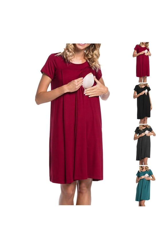 Women Nursing Short Sleeve Crew Neck Fall Dress Solid Maternity Breastfeeding Knee Length Dress Labor Delivery Pregnancy Clothes Black,M