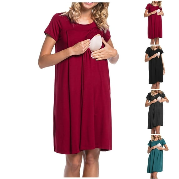 PXLKNZH Women Nursing Short Sleeve Crew Neck Fall Dress Solid Maternity Breastfeeding Knee Length Dress Labor Delivery Pregnancy Clothes Wine,XXL
