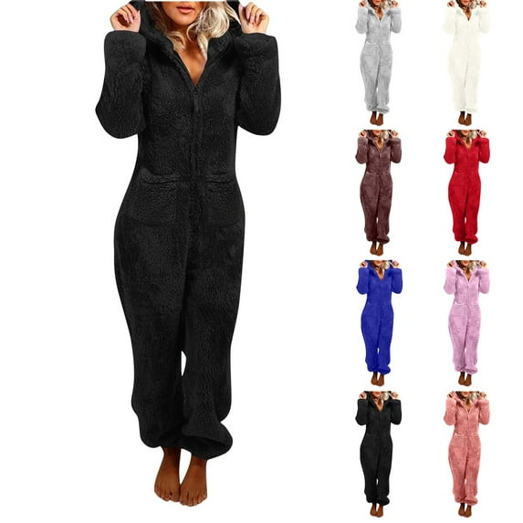 PXLKNZH Women Plush Hooded Jumpsuit Loose Comfy Sherpa Fuzzy Long Sleeve Pajamas Onesie Cute Winter Warm Rompers LoungewearGray,M