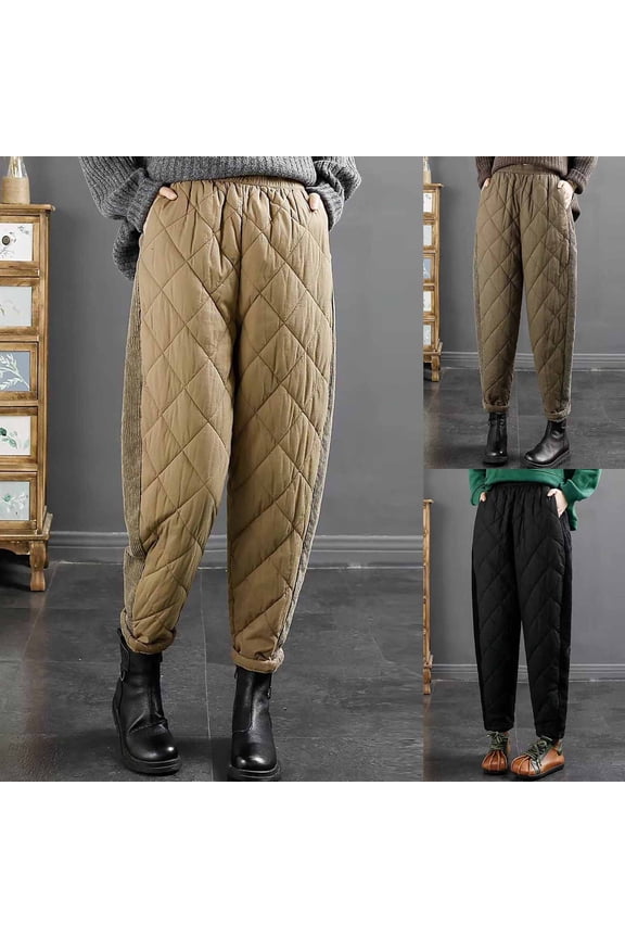 Women Puffer Pants Elastic Waist Side Patchwork Quilted Pants Winter Warm Loose High Rise Lounge Pants with Pockets Black,M