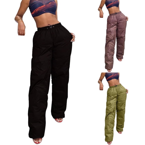 PXLKNZH Women Puffer Pants Winter Casual Loose Fit Straight Leg Pants Elastic High Waisted Lounge Trouser Pants with Pockets Coffee,M
