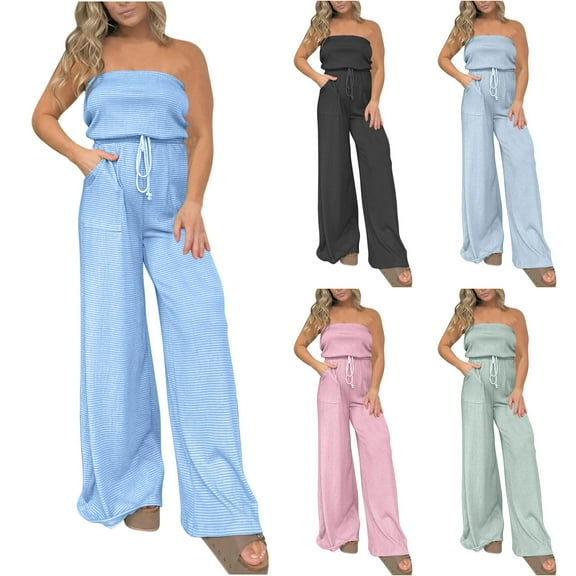 PXLKNZH Women Tube Romper Strapless Bandeau Off Shoulder Jumpsuits Wide Leg Long Pants Drawstring Waist Rompers with PocketsSky Blue,L