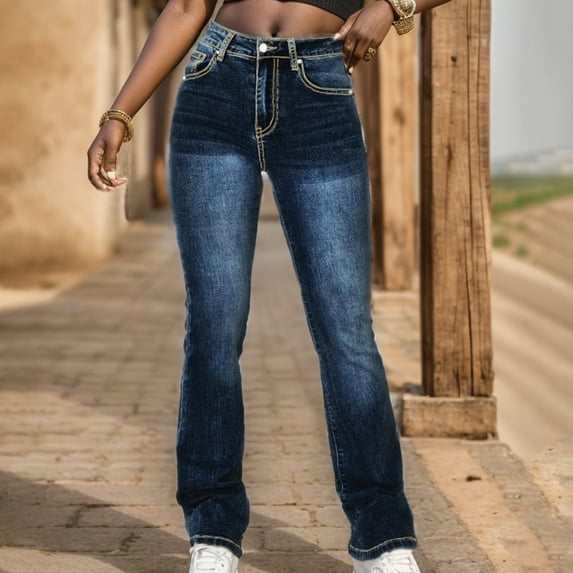 PXLKNZH Women's Bootcut Jeans Embroidered Pockets Flare Jeans Mid Rise Stretchy Soft Straight Leg Denim Pants Dark Blue,L