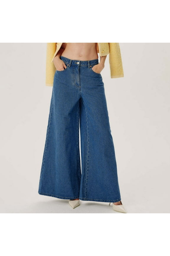 Women's Denim Pants Trendy High Waist Palazzo Pant Jeans Baggy Y2k Flared Flowy Wide Leg Jean Trousers with Pockets,Blue,S