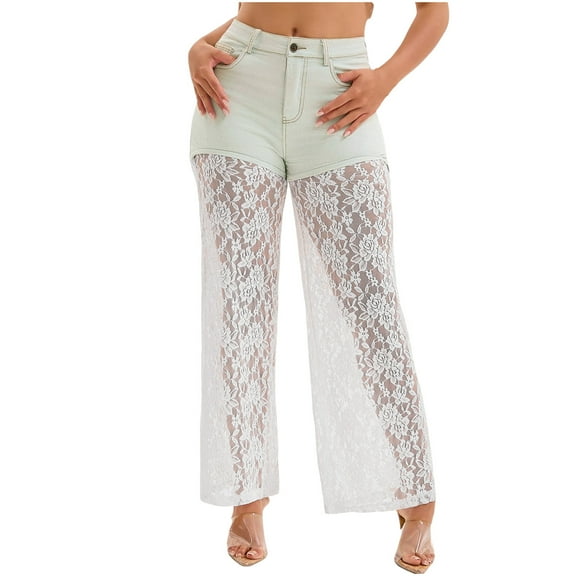 PXLKNZH Women's High Waisted Light Washed Denim Shorts with Sheer Lace See Through Flare Leggings Hollow Out Lace Jeans Light Blue XL