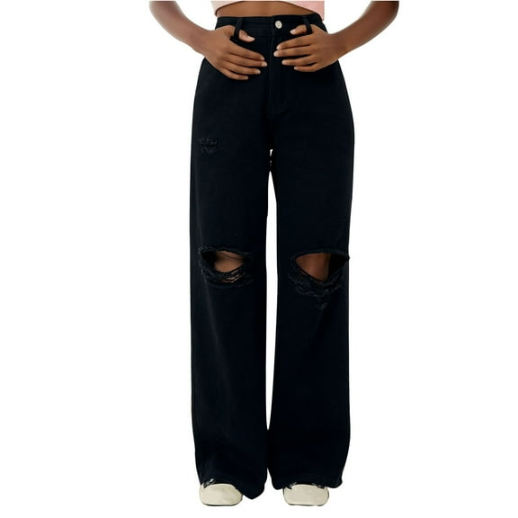 PXLKNZH Women's Jeans Pants Fashion High Waist Washed Stretchy Ripped Distressed Baggy Comfy Y2k Denim Flare Trousers Black XS
