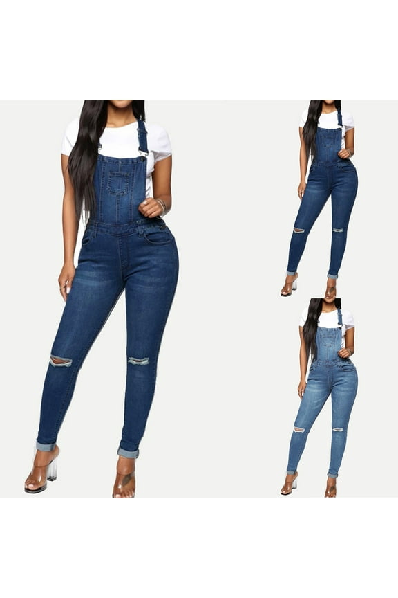 Women's Juniors Denim Overalls Adjustable Strap Ripped Distressed Jumpsuit Casual Slim Fit Skinny Bib Jeans Jumpsuits Dark Blue,S