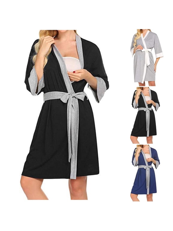 Women's Maternity Nursing_Robe Labor Delivery Pregnancy Hospital Breastfeeding Bathrobes Dress Cozy Cotton Nightgowns Gray,L