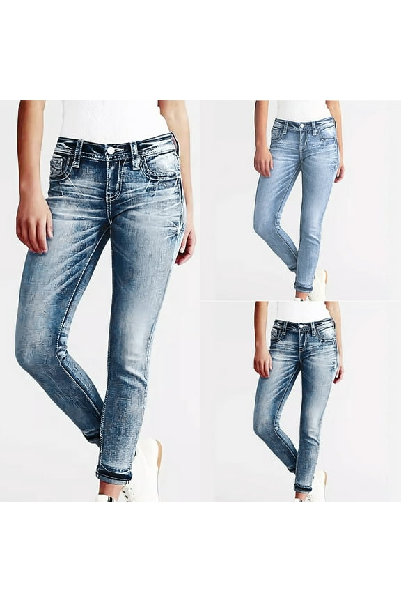 Women's Mid Rise Skinny Fit Jean Embroidered Pockets Washed Jean Denim Pants Detail Stretch Juniors Jeans Dark Blue,L