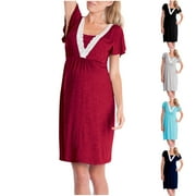 PXLKNZH Women's Nursing Dress Breastfeeding Short Sleeve Lace V Neck Maternity Dresses Casual Cotton Pregnancy Clothes Light Blue,XL
