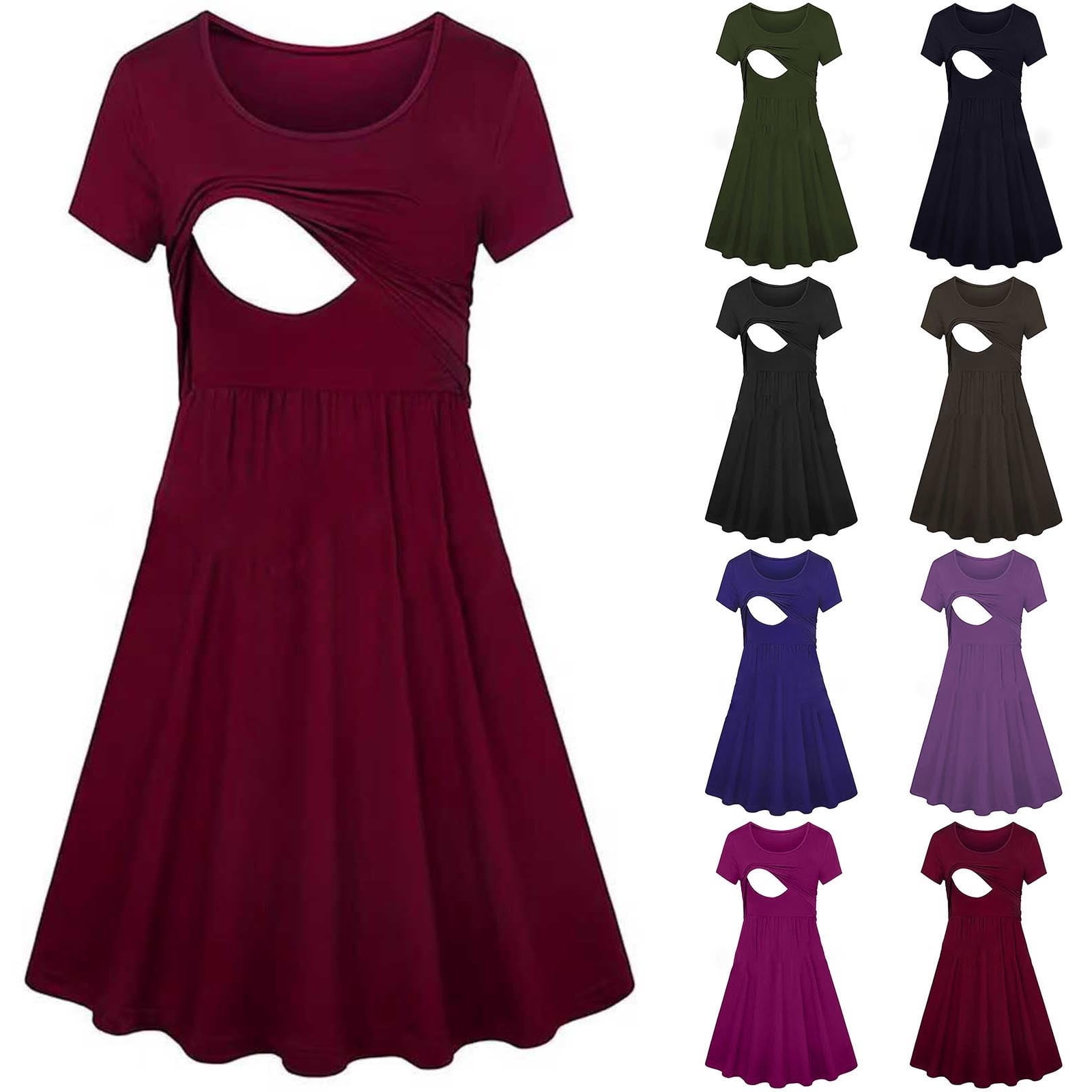 PXLKNZH Women's Nursing Dress Ruffle Short Sleeve Solid Color Flowy