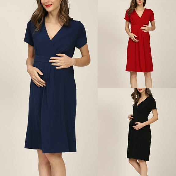 PXLKNZH Women's Plus Size Maternity Nursing Dress Short Sleeve V Neck Fall Dress Flowy Knee Length Breastfeeding Clothes Red,S