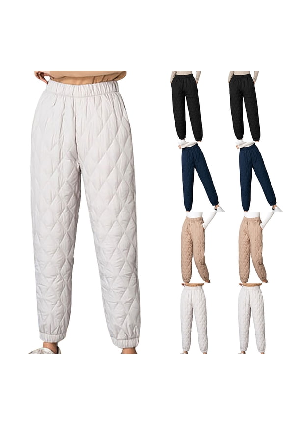 Women's Puffer Pants Elastic Waist Oversized Cinch Bottom Quilted Pants Winter Warm High Rise Lounge Trouser Pants Navy,L