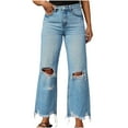 thumbnail image 1 of PXLKNZH Women's Ripped Bell Bottom Jeans High-Rise Distressed Raw Edge Hem Pants with Pockets Wide Leg Boyfriend Denim Pants Blue M, 1 of 9