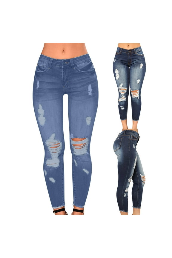 Women's Skinny Stretch Jeans Frayed Raw Hem Slim Fit Jeans Ripped Denim Pants,Blue,XL