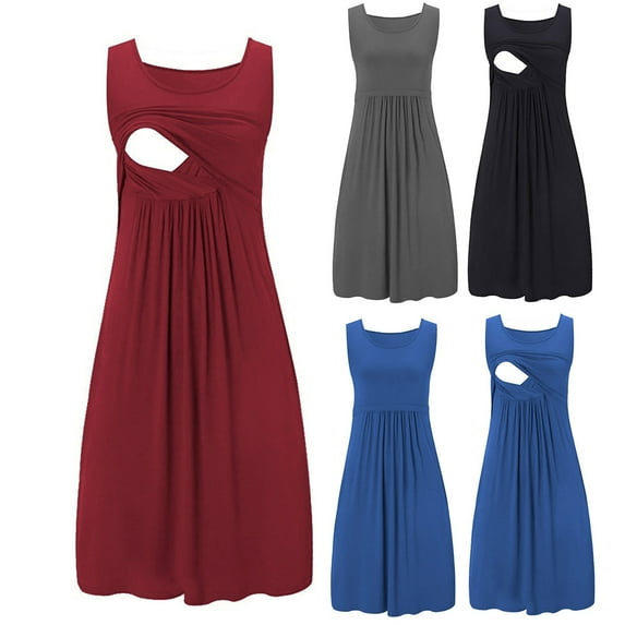 PXLKNZH Women's Sleeveless Nursing Dresses Solid Color Knee Length Nursing Gown Maternity Breastfeeding Dress Blue,L