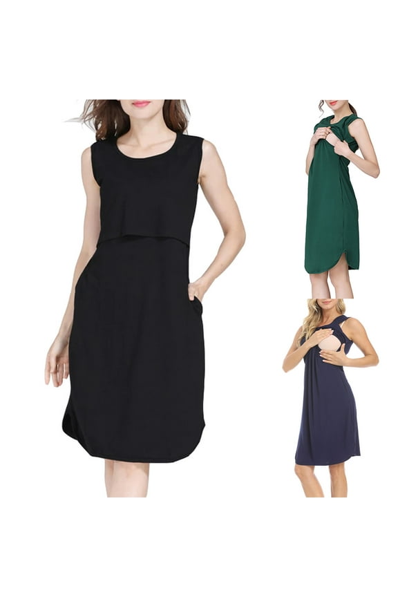 Women's Solid/Floral Maternity Nursing Dress Sleeveless Round Neck Breastfeeding Clothes with Pockets Black,S
