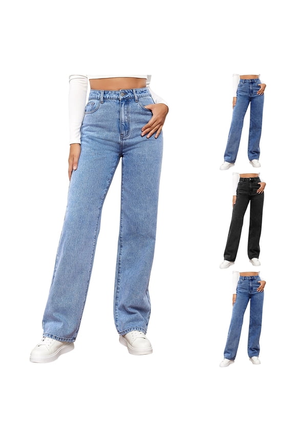 Women's Straight Leg Jeans Tummy Control Trendy High Waisted Stretchy Casual Baggy Denim Trousers Blue XXL