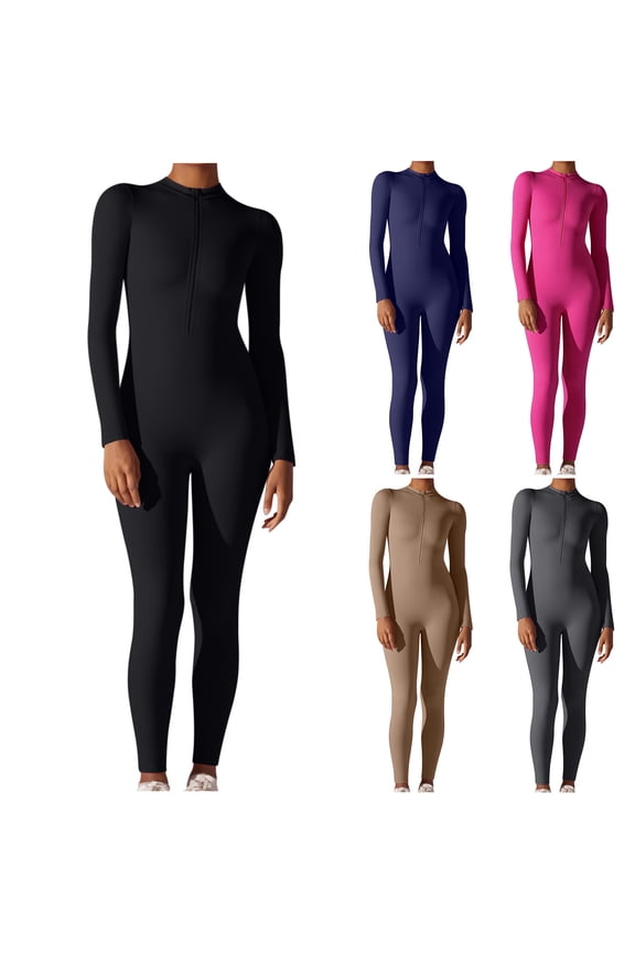 Women's Yoga Jumpsuits Casual Slim Fit Long Sleeve Crew Neck Exercise Tight Romper Breathable Sport Bodycon JumpsuitsKhaki,S