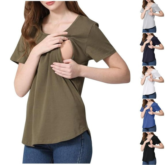 PXLKNZH Womens Breastfeeding Maternity Tops Summer Pregnancy Short Sleeve Blouse Tshirt Round Neck Pregnancy Shirts Cotton Pregnancy Clothes Black,XXL
