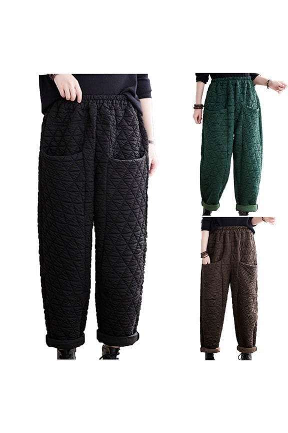 Womens Lounge Pants Elastic High Waisted Straight Leg Quilted Pants Winter Casual Loose Fit Puffer Pants with PocketsKhaki,M