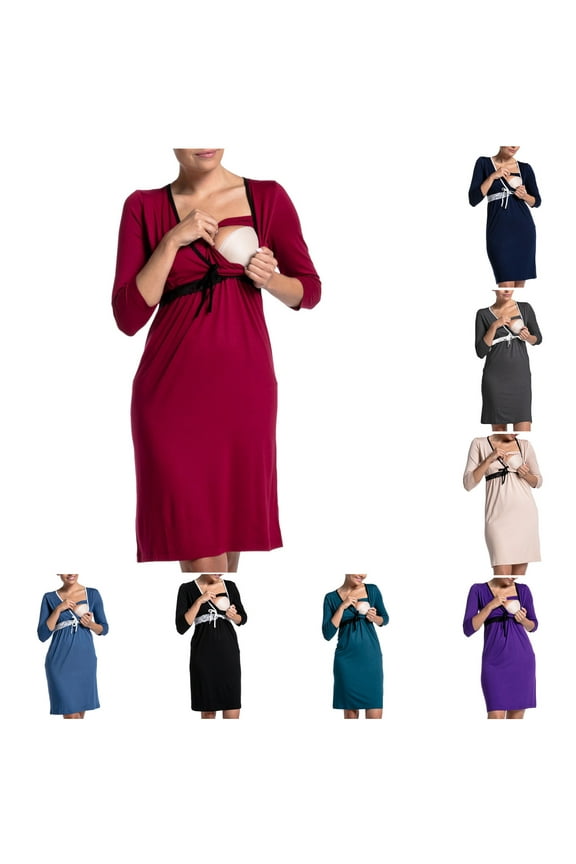 Womens Maternity Nursing Dress for Breastfeeding 2024 Long Sleeve Comfy Maternity Dresses Casual Pregnancy Clothes Dark Blue,XXL