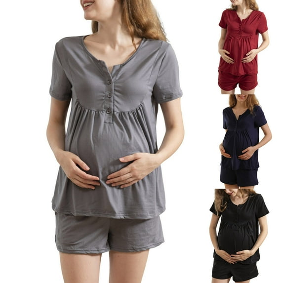 PXLKNZH Womens Maternity Pajamas 2 Piece Lounge Set Summer Short Sleeve Button T Shirt Biker Shorts Sleepwear Tracksuit Cozy Maternity Matching Outfits Navy,L