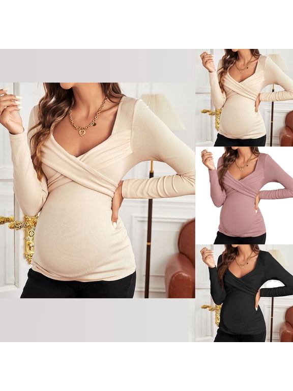 Womens Maternity Tops Long Sleeve Twist Front Wrap V Neck Maternity Nursing_Clothes Knitted Tunic Solid Casual Pregnancy Blouse Pink,S