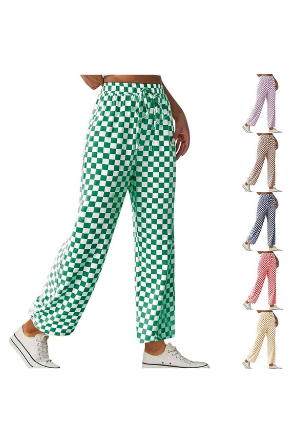 Womens Pants with Pockets Trendy Gingham Print Wide Leg Straight Pants High Waist Drawstring Casual Pants LoungewearGreen,L