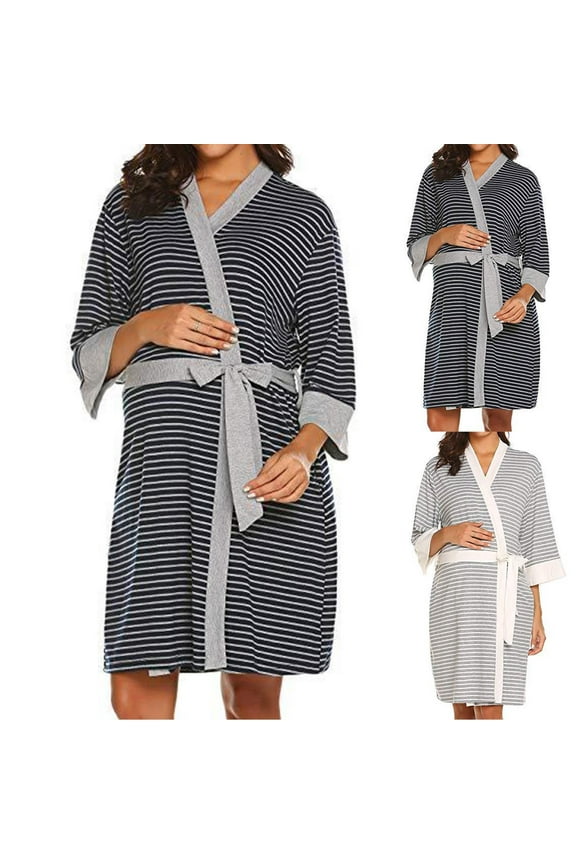 Womens Stripe Maternity Robe Labor and Delivery Cotton Robe for Hospital Robe Nursing_Pregnancy Bathrobes Sleepwear Black,M