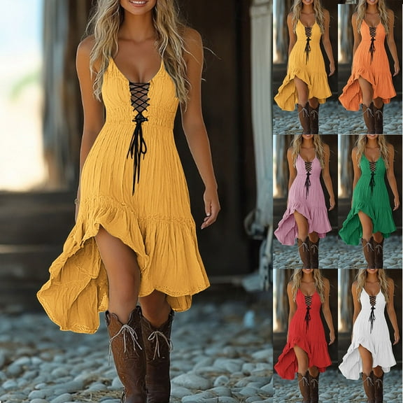 PXLKNZH Womens Summer Dresses Vintage Cowgirl Midi Dress Casual Sleeveless Ruffled Sundresses Halloween Western Outfit 2025 Red M