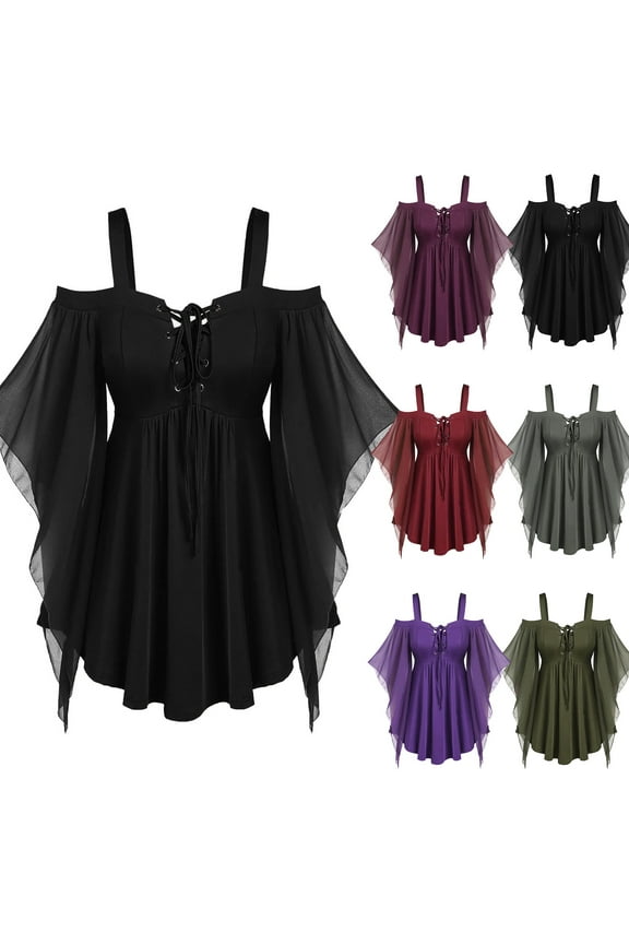 Womens Victorian Gothic Dress Medieval Retro Lace-Up Blouse Cold Shoulder Mesh Patchwork Bell Sleeve Dresses,Black S