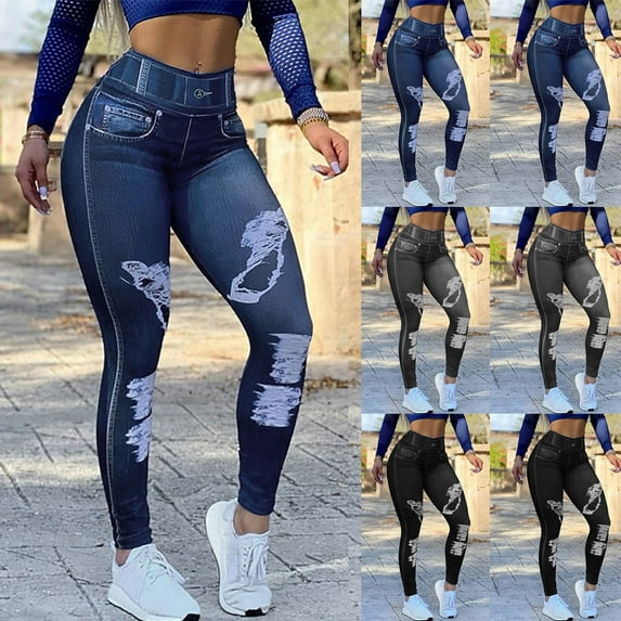 PXLKNZH Womens Yoga Leggings Plus Size Elastic Waist Hip Lifting Yoga Pants Casual Slim Fit High Rise Fake Jean Trouser Pants Dark Blue,XXXL